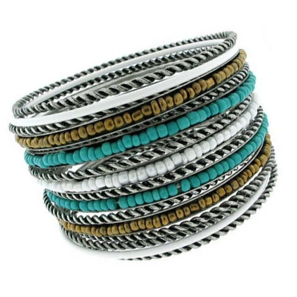 Cable Twist Oxidized Silver Seed Bead Turquoise White Bangle Bracelet Set of 15